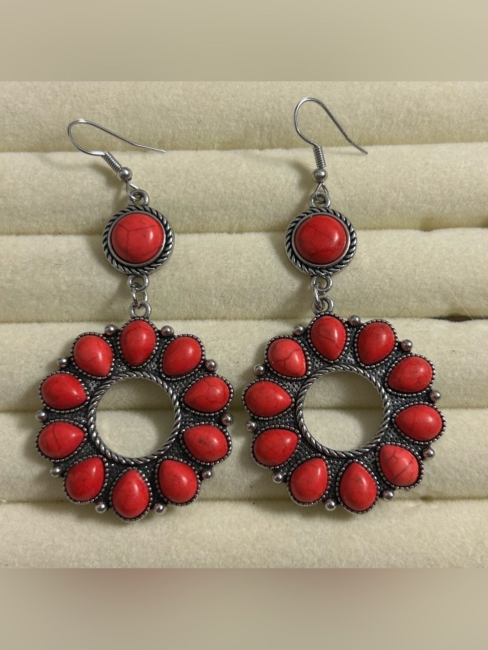 Vintage-Inspired Red Stone Circle Drop Earrings